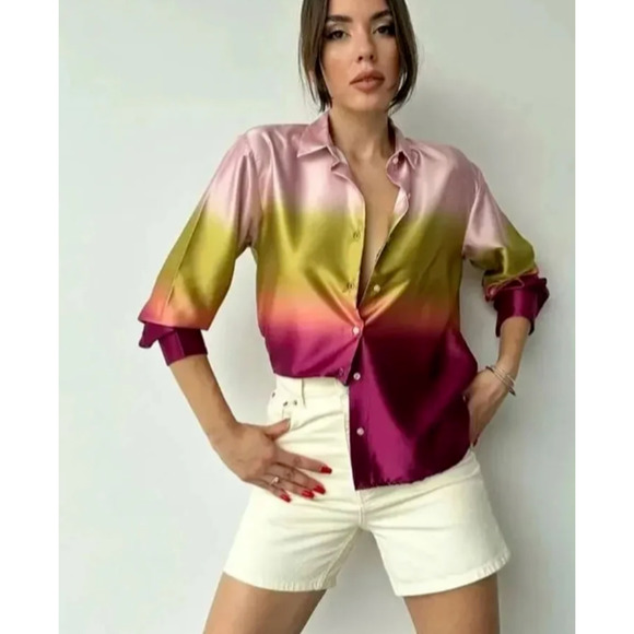 Tie-Dye Tops - 🔥HP🔥 Tie Dye Shirt Women Casual Button Lapel Print Satin Long Sleeve Shirt